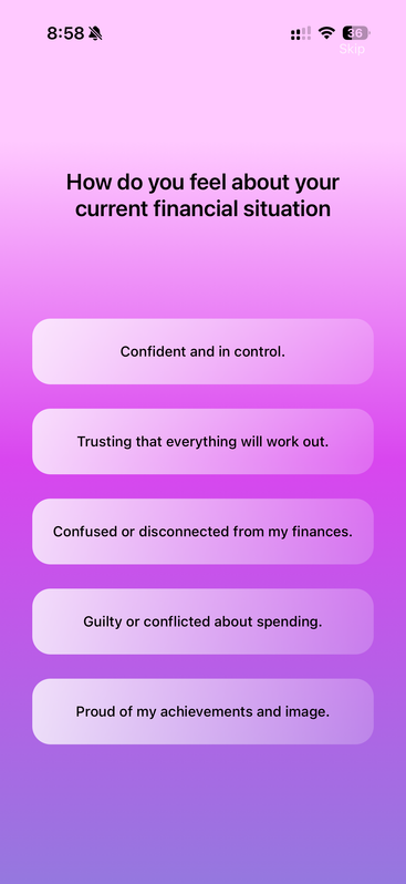 MoneyPOP onboarding survey question about financial feelings