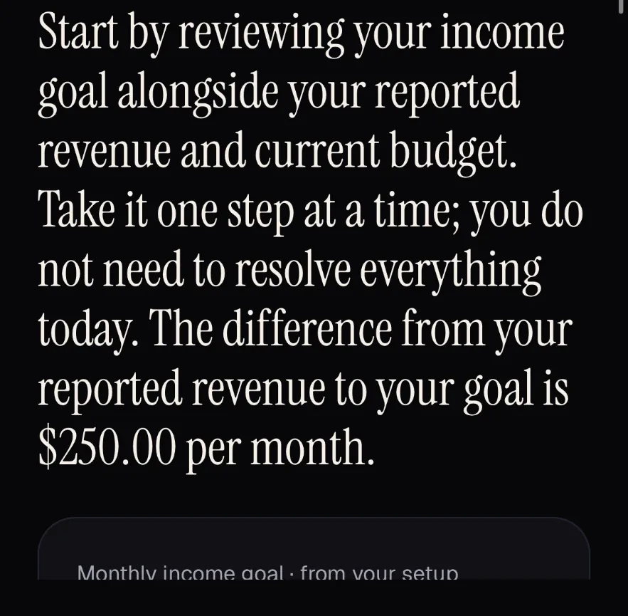 The MoneyPOP Opportunity screen: a plain-language paragraph stating the difference between reported revenue and the income goal is $250.00 per month.