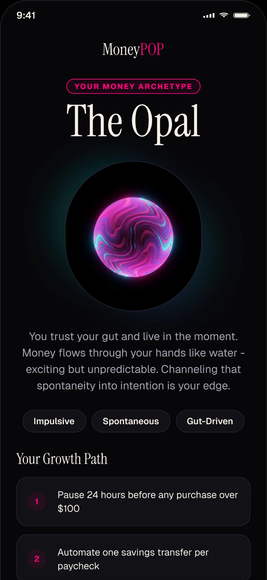 MoneyPOP money archetype result screen for The Opal