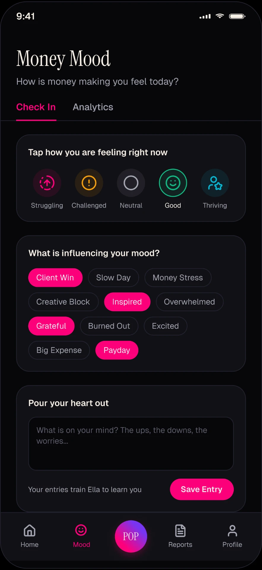 MoneyPOP Money Mood check-in screen showing feeling states like calm, stressed and overwhelmed