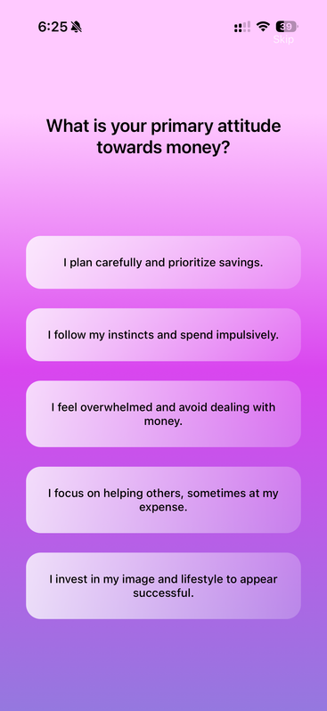 MoneyPOP onboarding survey question about money attitudes