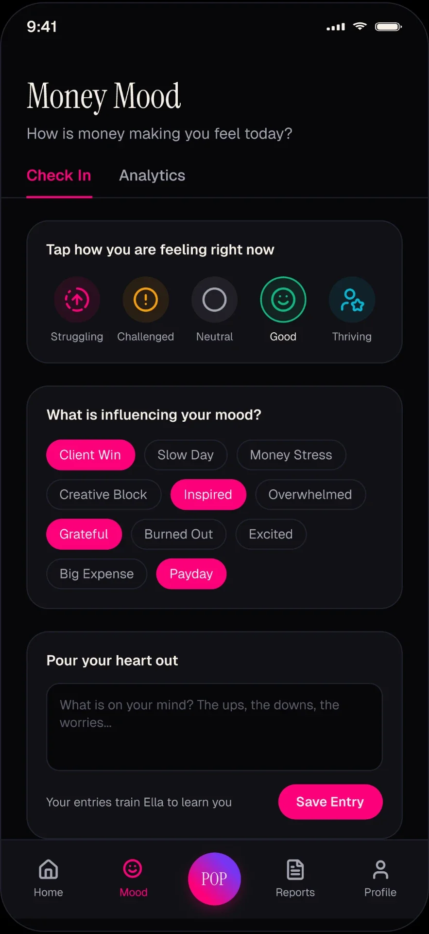MoneyPOP Money Mood check-in screen showing feeling states like calm, stressed and overwhelmed